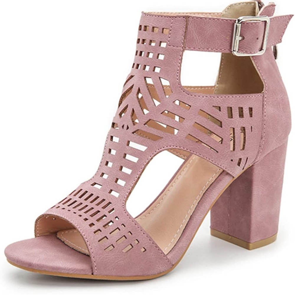 Ankle Strap Cutout Open Toe Chunky Heel Zip Up Block Heel Peep Toe w/ Buckle